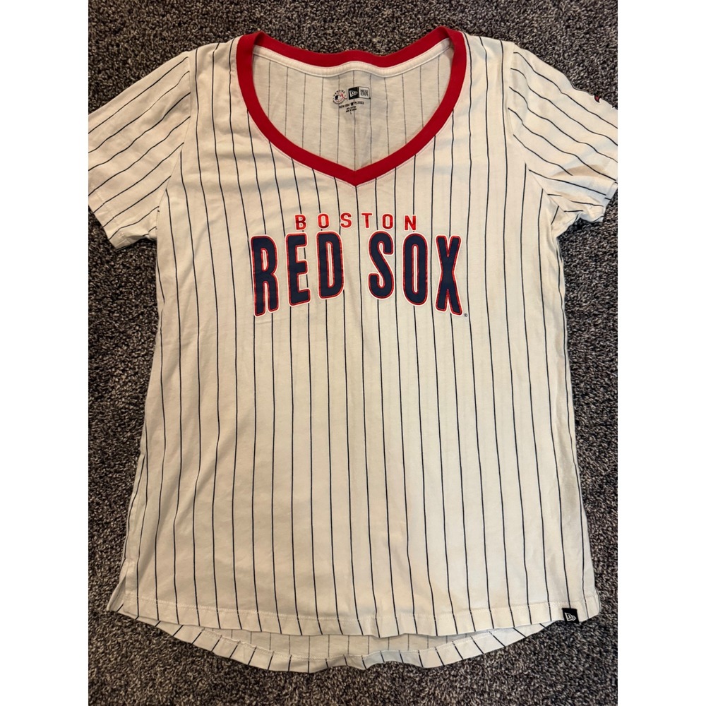 New Era Boston Red Sox MLB Pinstripe V-Neck T-Shirt White Red Large